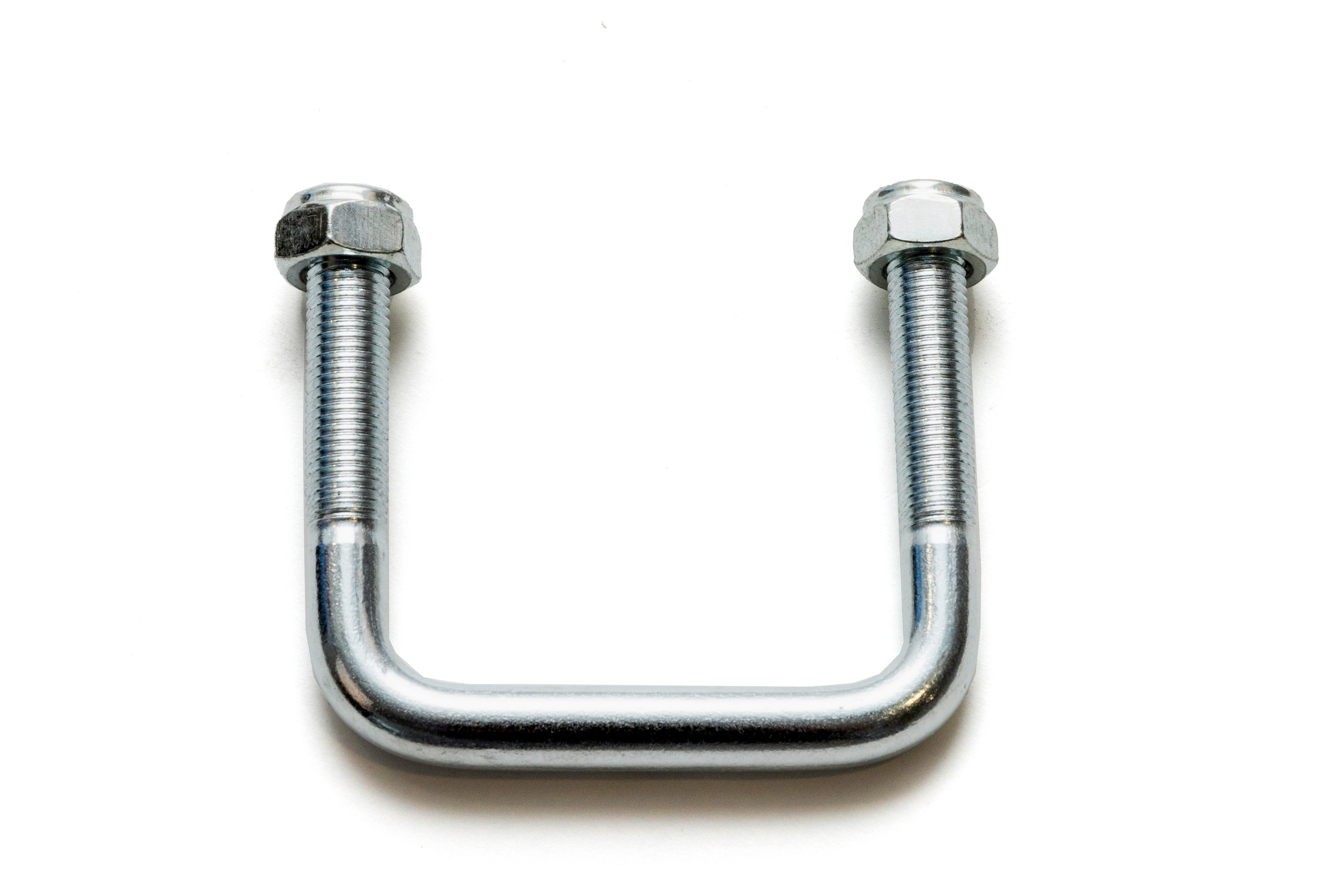 A metal U-bolt with threaded ends and two attached nuts, set against a plain white background. The bolt is shiny and industrial in appearance.