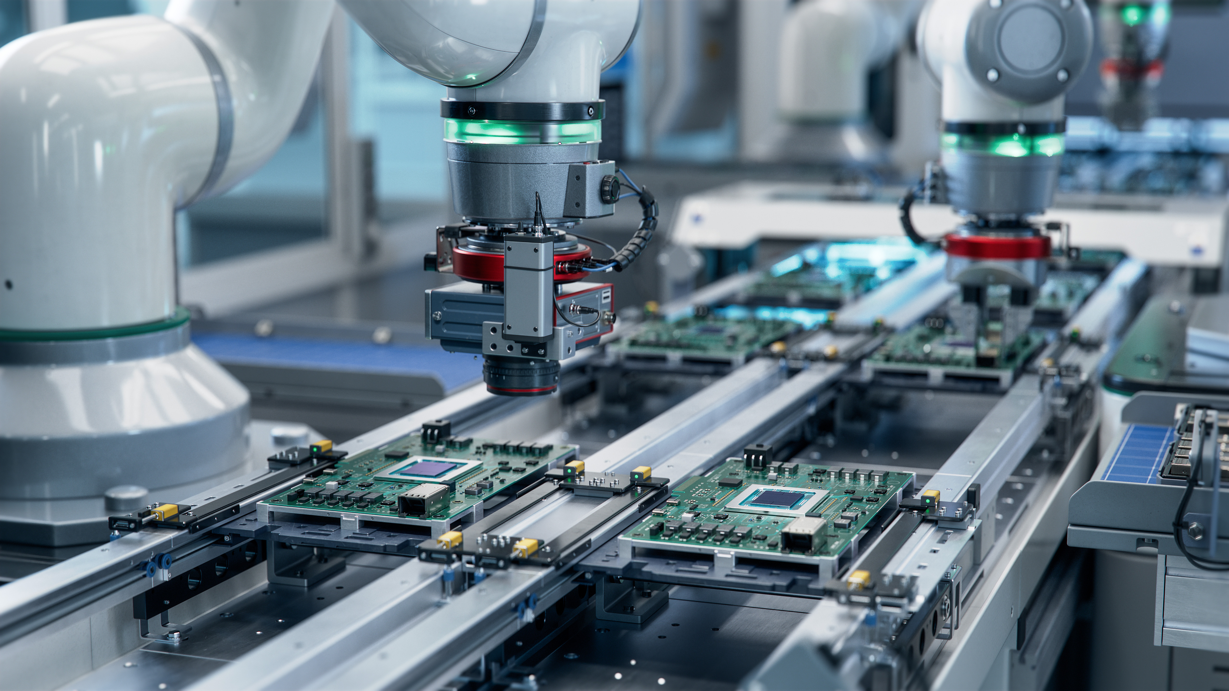 Robotic arms assemble electronic circuit boards on a conveyor belt.
