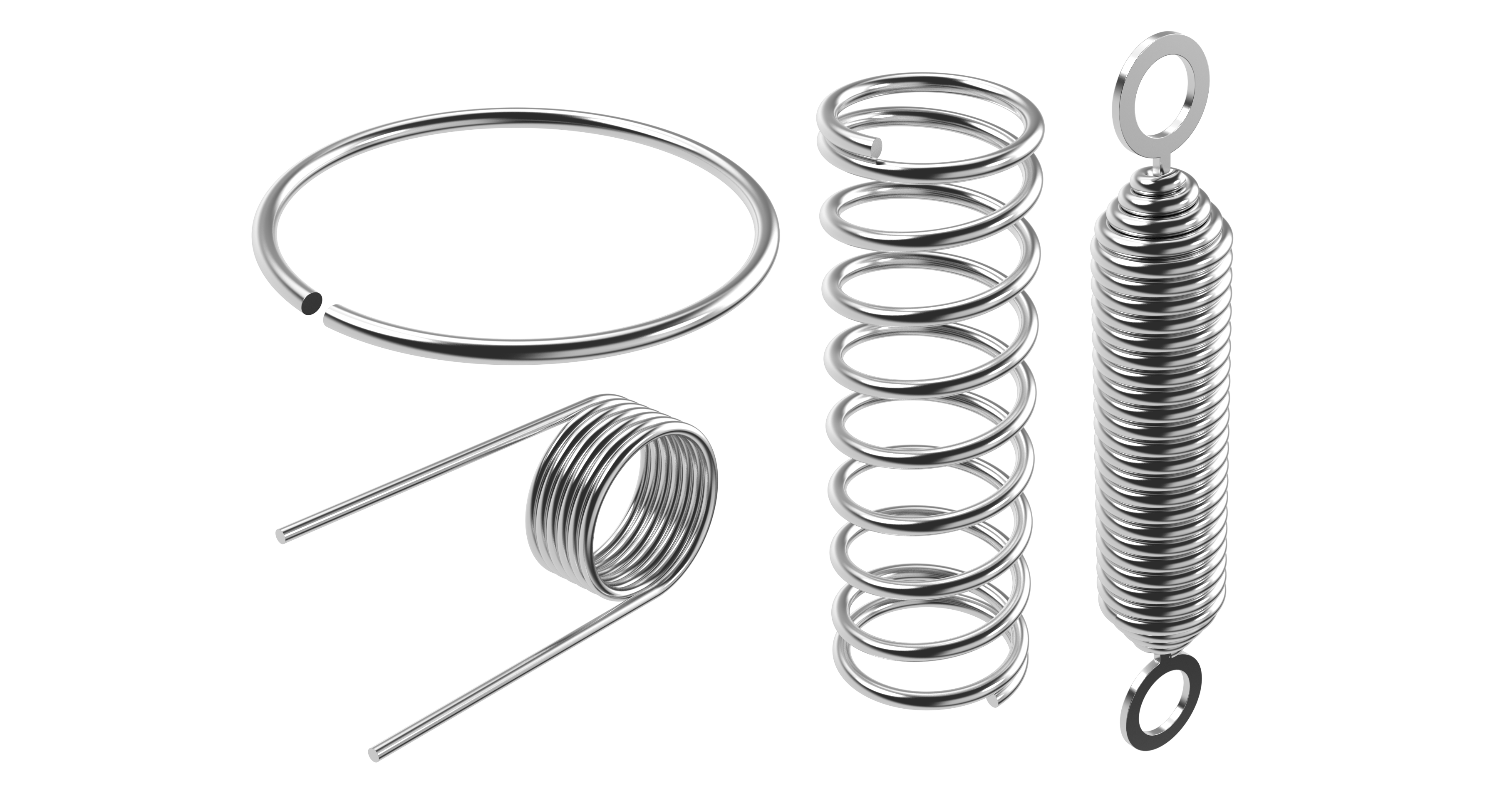 Four types of shiny metal springs displayed on a transparent background, showcasing diverse shapes: compression spring, extension spring, torsion spring, and wire ring.