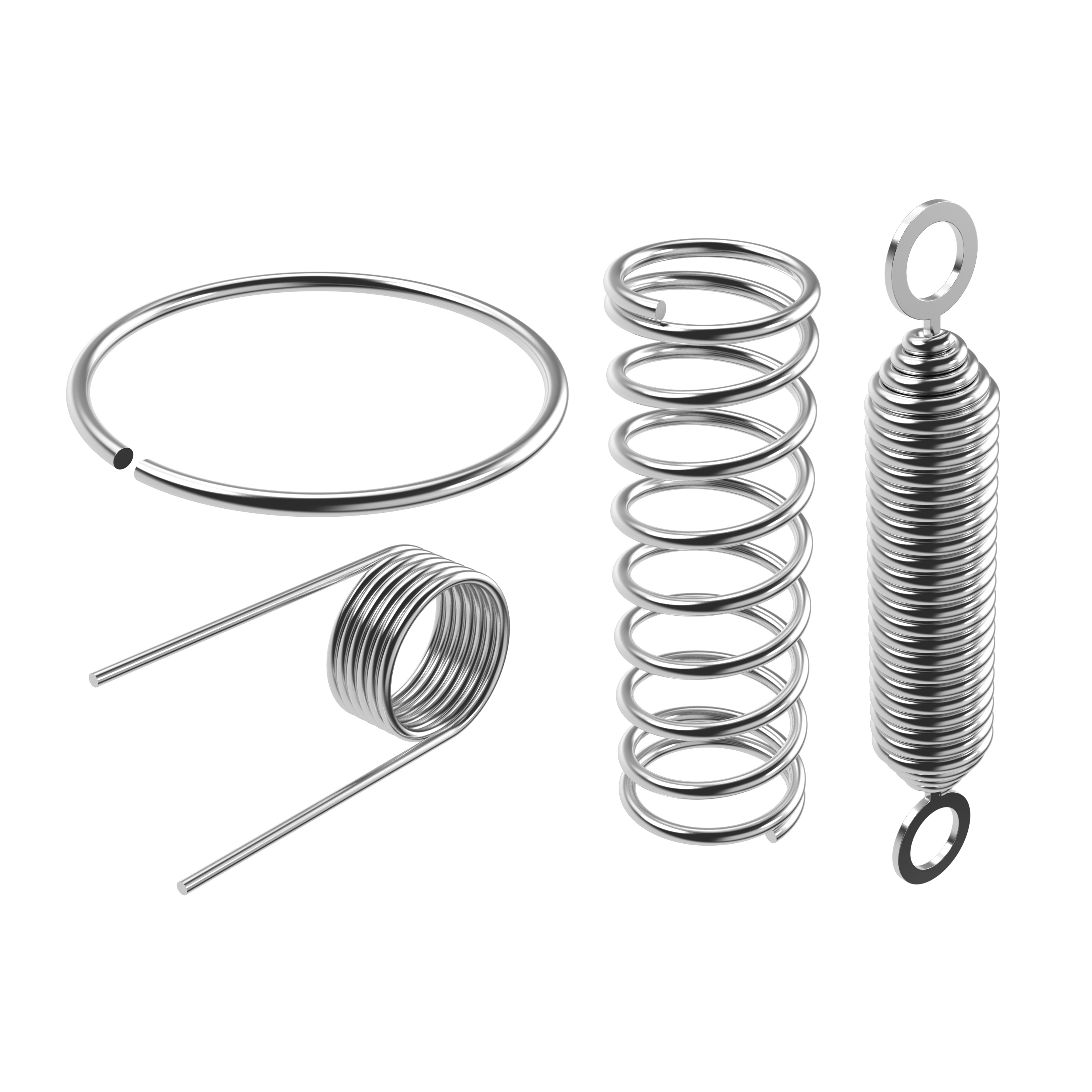 Four types of shiny metal springs displayed on a transparent background, showcasing diverse shapes: compression spring, extension spring, torsion spring, and wire ring.