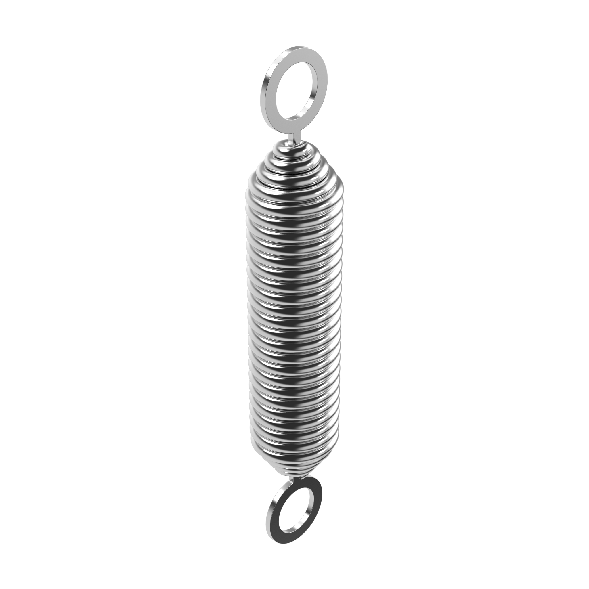 Close-up of a shiny metal extension spring with loops at both ends, set against a transparent background.