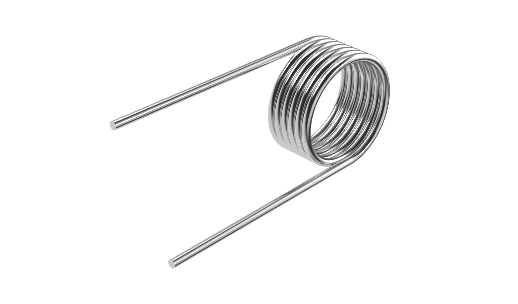 A shiny metal torsion spring with parallel ends is centered on a transparent background, showing its spiral design.