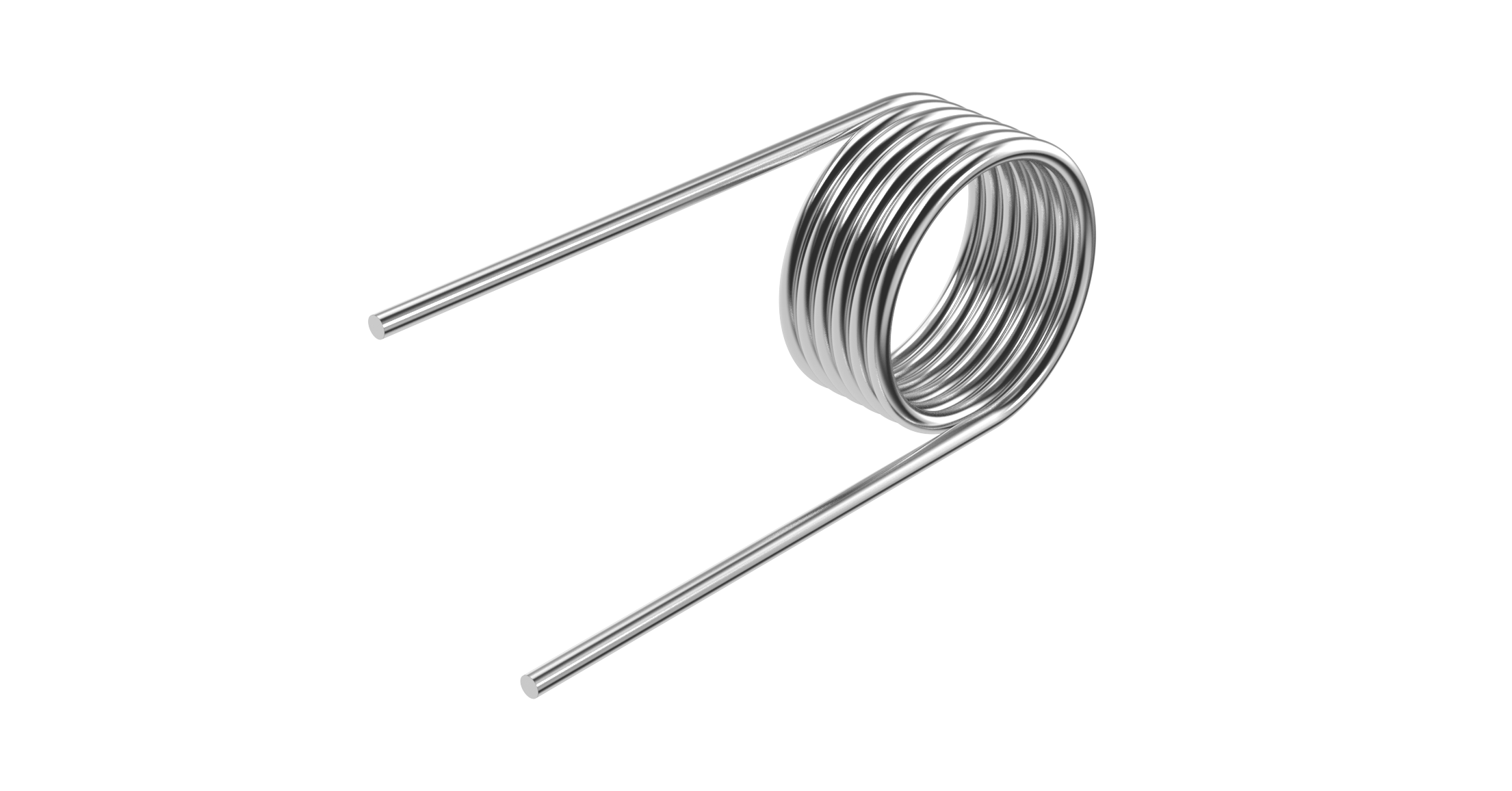 A shiny metal torsion spring with parallel ends is centered on a transparent background, showing its spiral design.