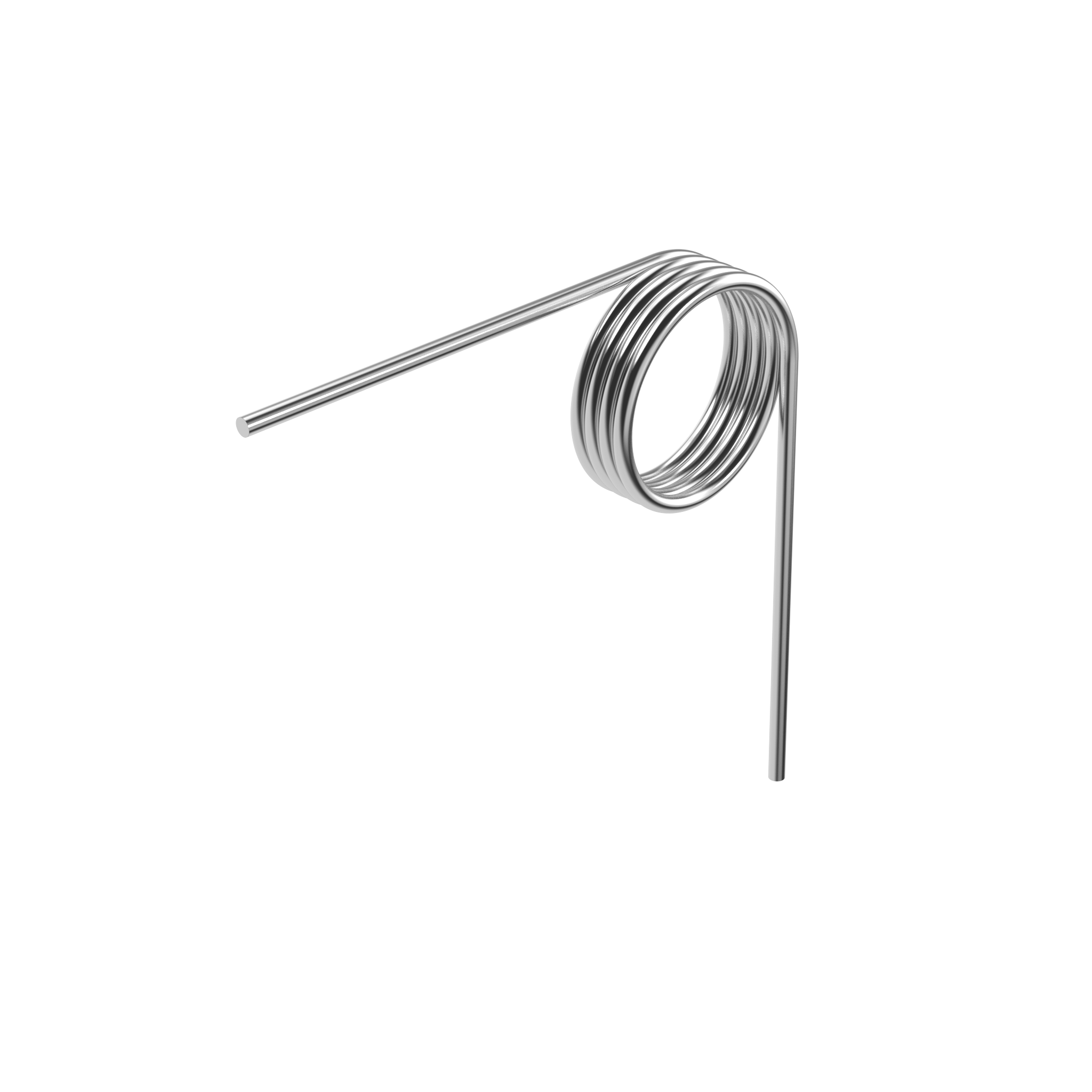 Abstract silver torsion spring against a white background, resembling a bent ribbon. 