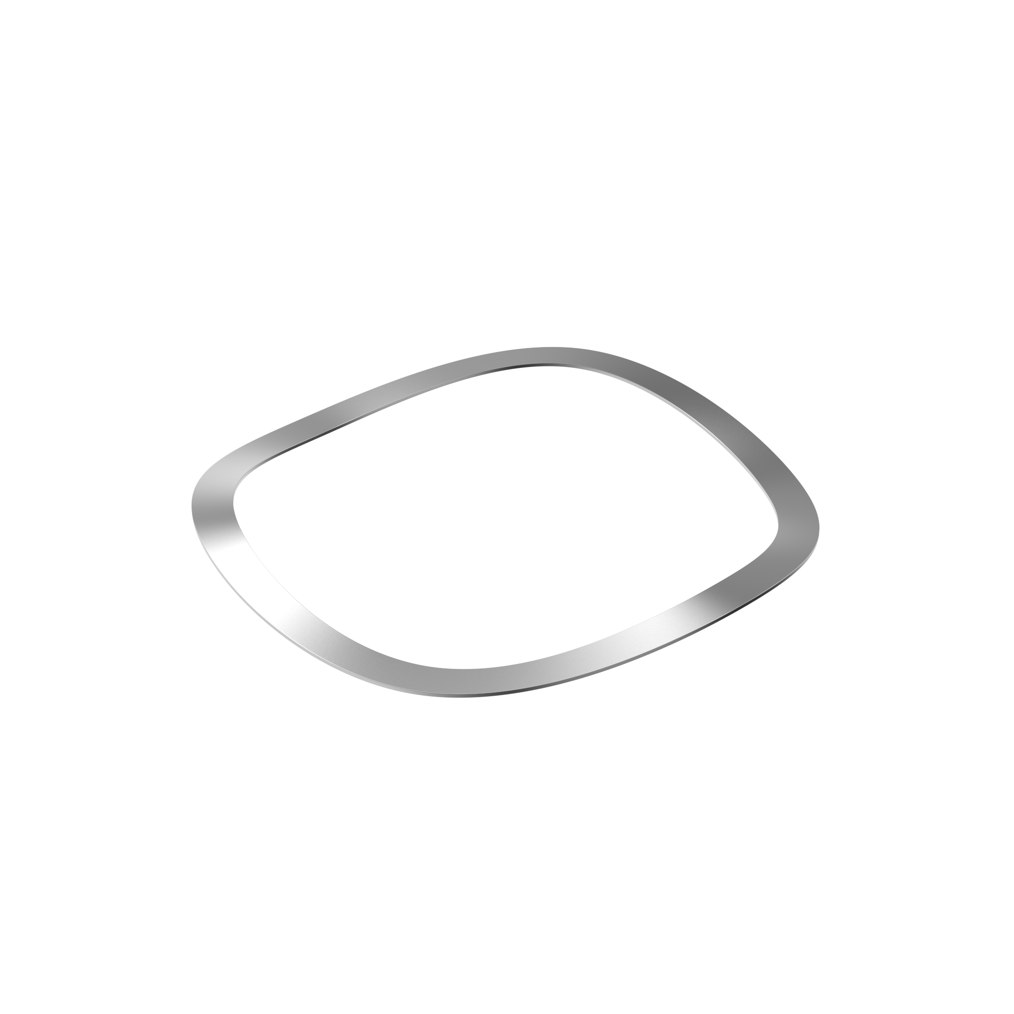 A silver, wave spring floats centrally against a white background, creating a minimalist and modern visual with an abstract tone.