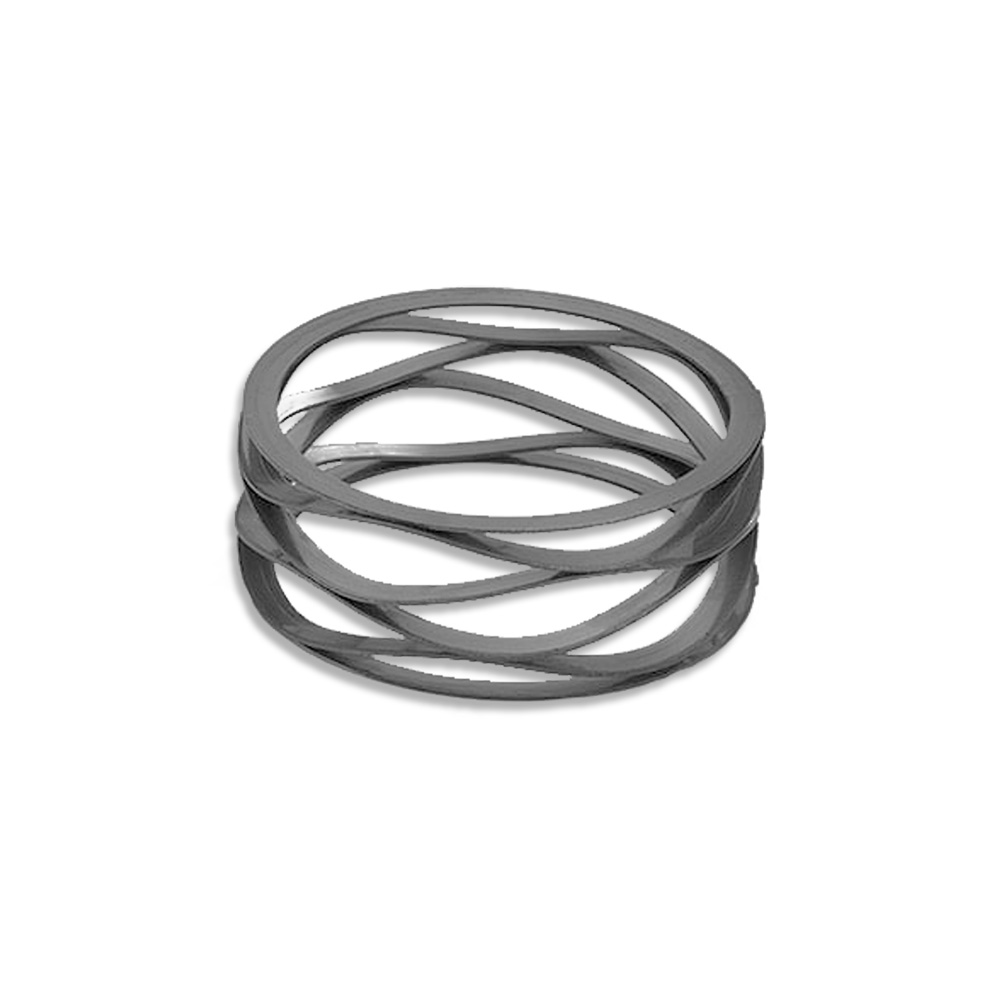 A metallic wave spring with a coiled, layered design, sits against a white background, showcasing its circular, intricate engineering pattern.