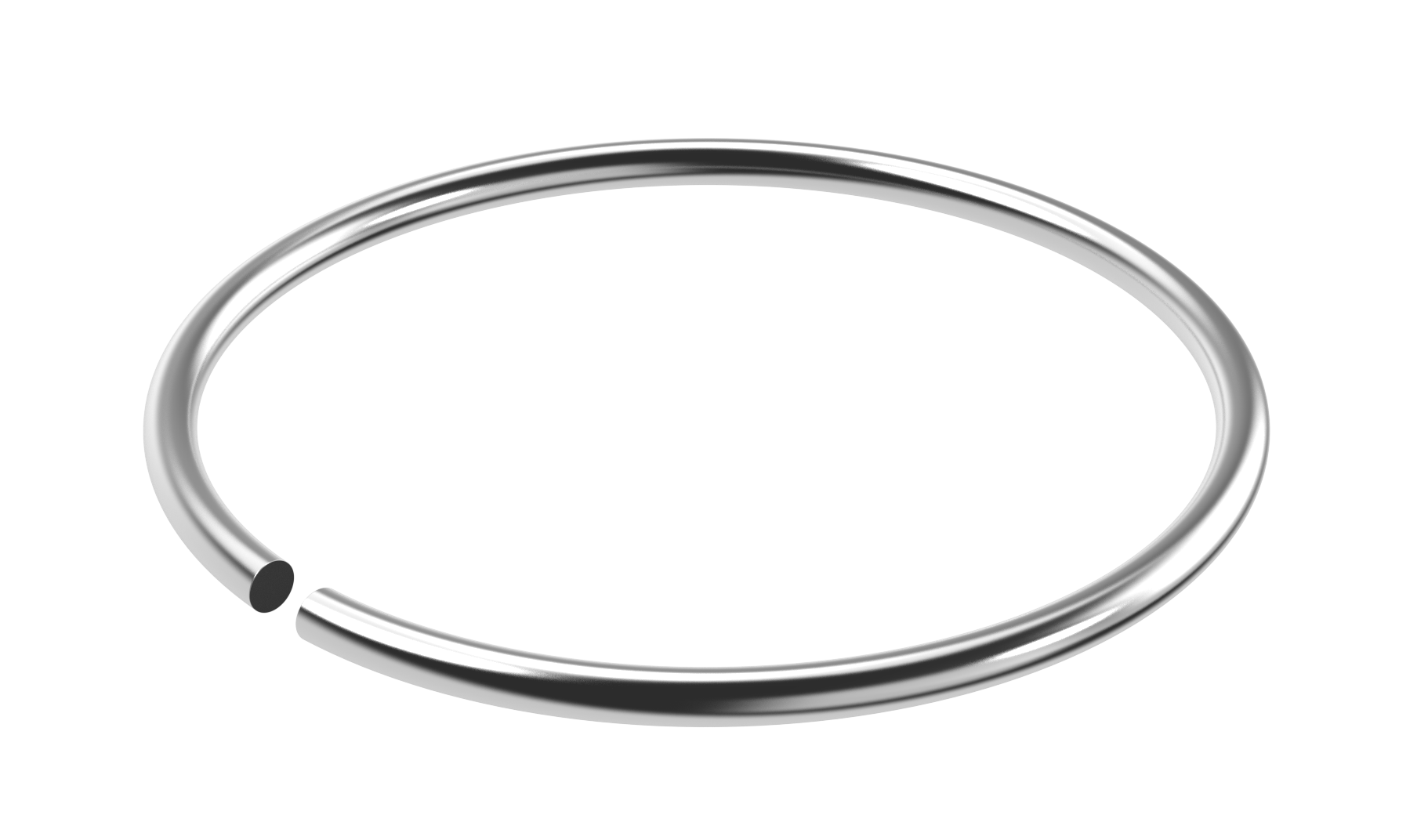 A shiny, metallic, incomplete circular band on a transparent background, resembling an open-ended loop.