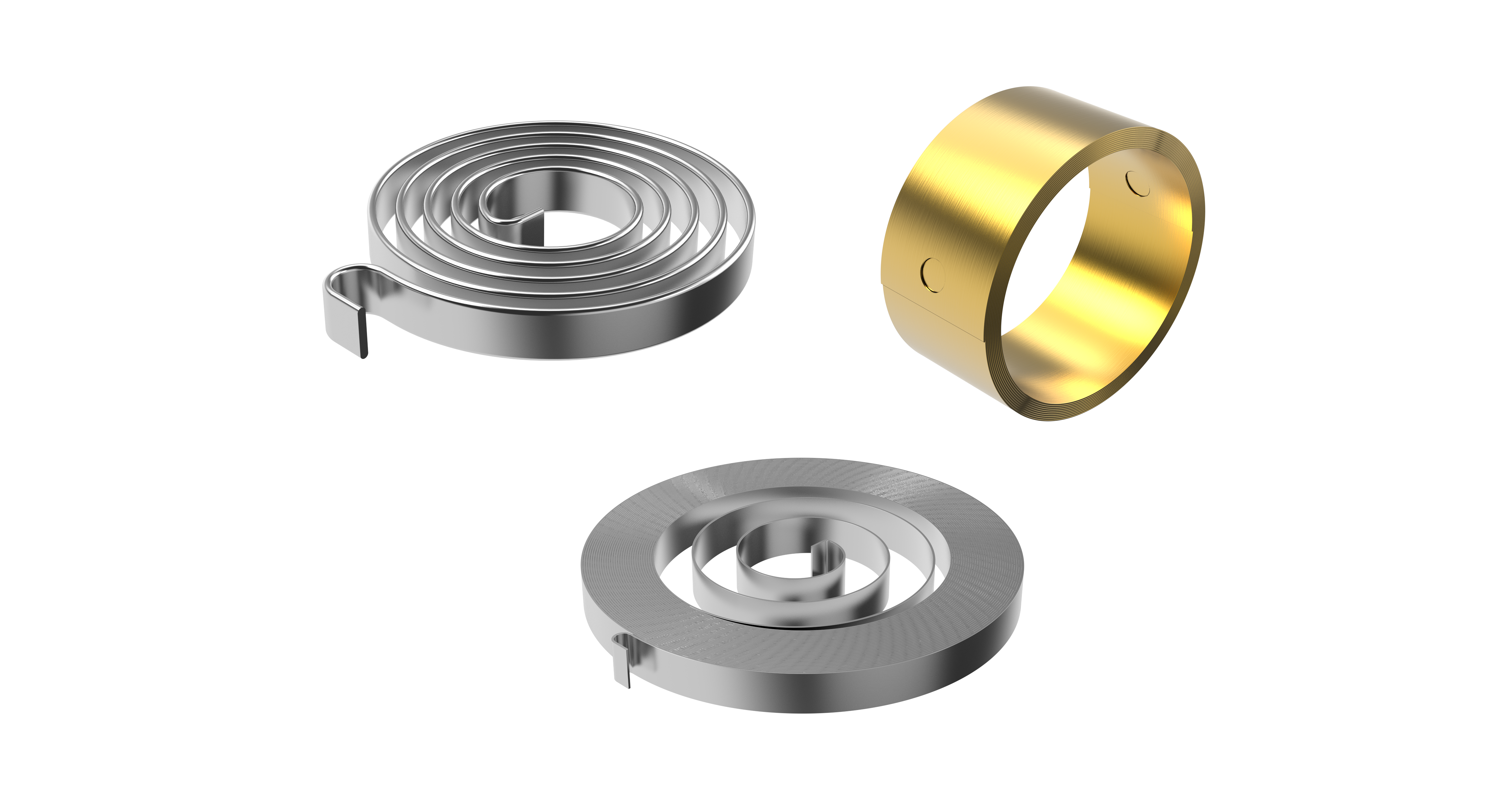 Three round metal flat springs on a transparent background. One is a shiny gold; constant force spring. The other two are a shiny silver; power spring and spiral torsion spring.