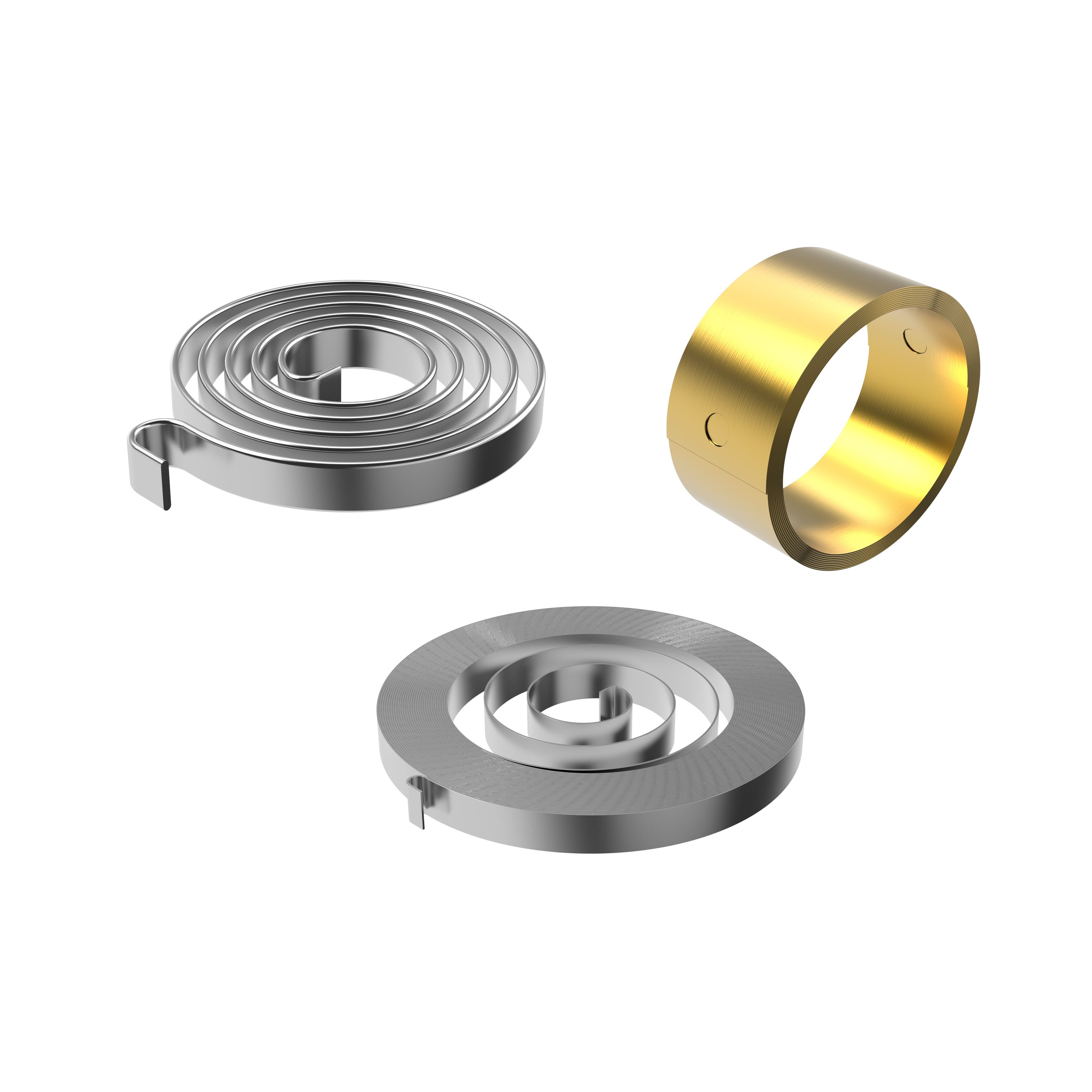 Two silver flat springs and one smooth gold flat spring. The image highlights industrial design and contrasts textures.