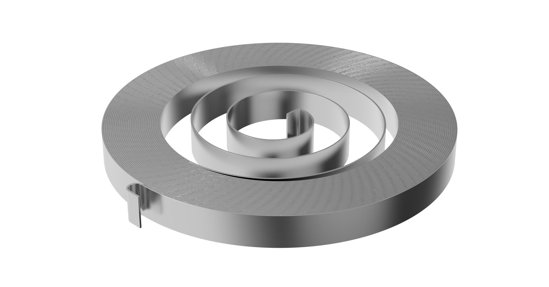 A power spring in silver, viewed from above on a white background. The concentric circles create a modern, minimalist design.