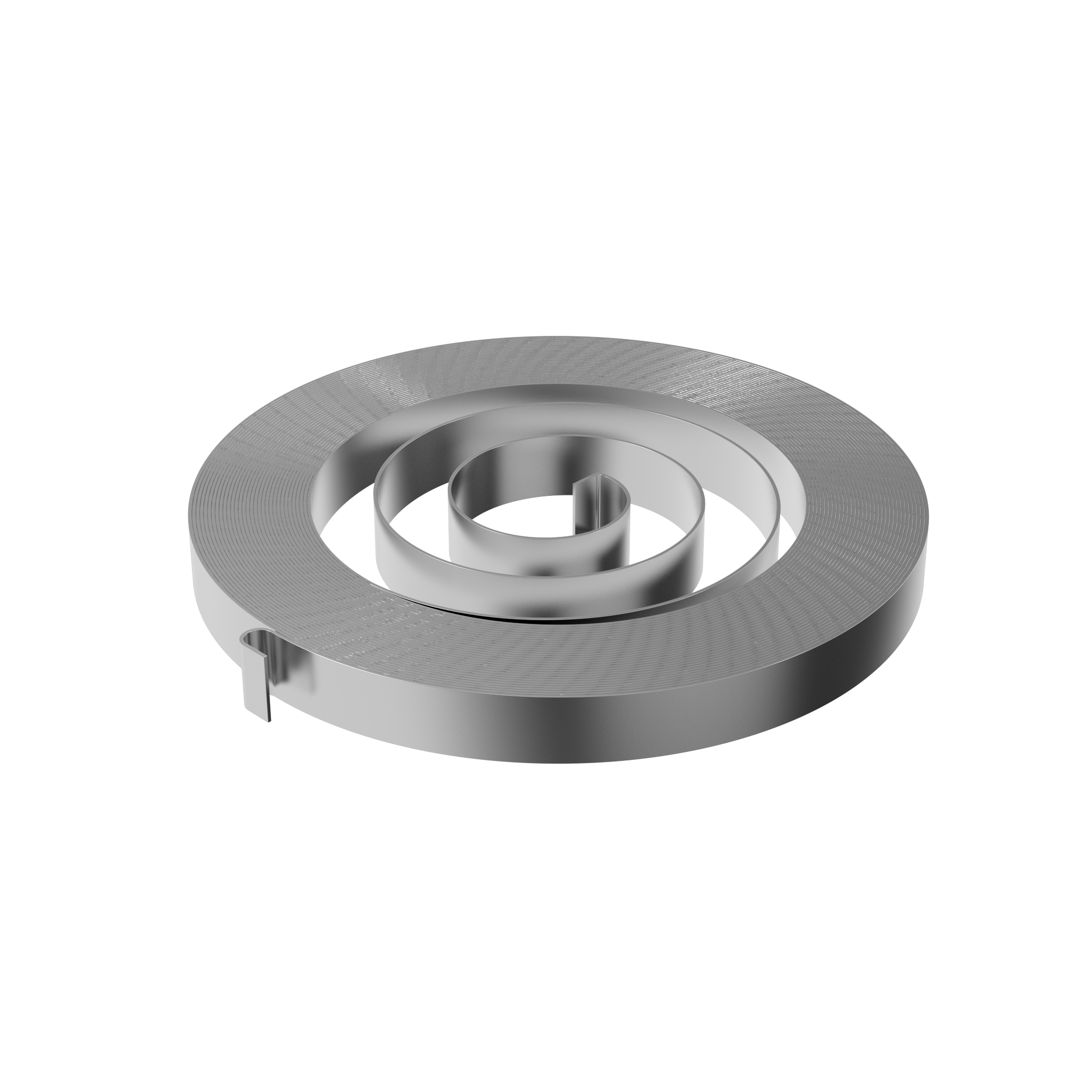 A metallic, spiral-shaped flat spring set against a white background, with smooth surfaces and sleek edges.