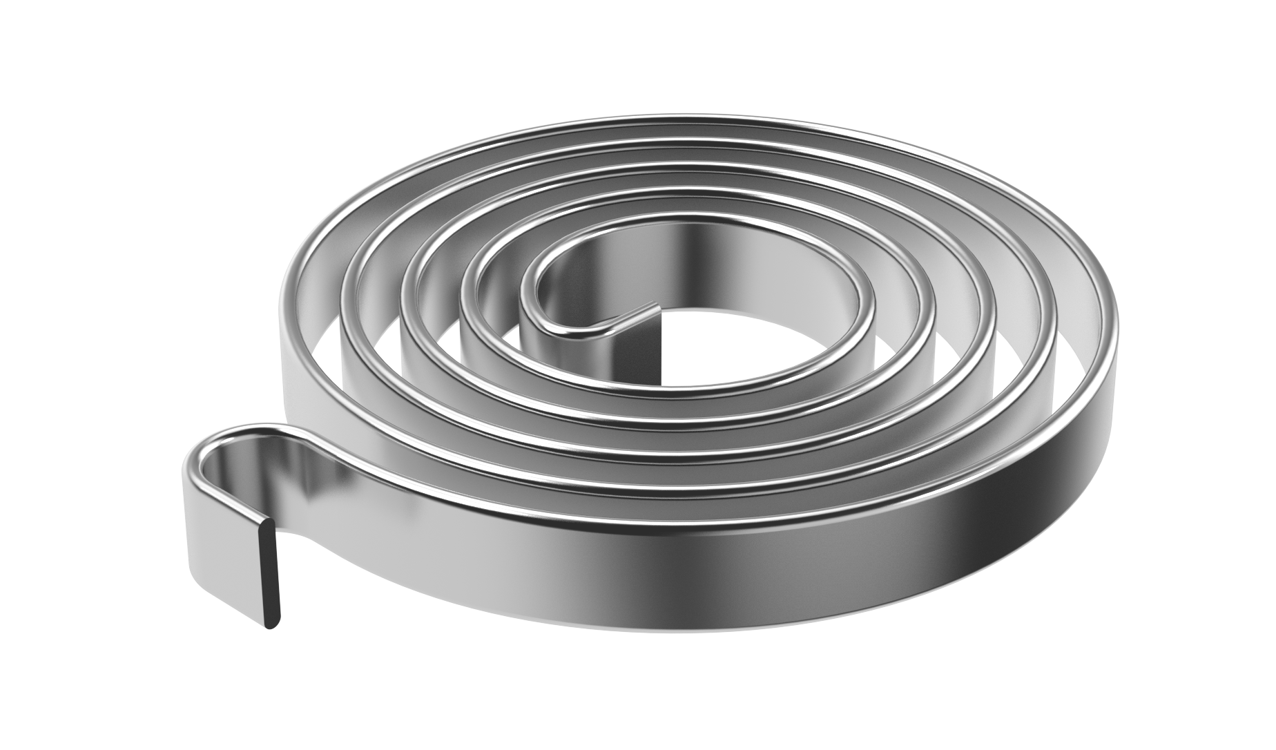A sleek, metallic flat spring rests on a white background. The spiral is tightly coiled with smooth, reflective surfaces. 