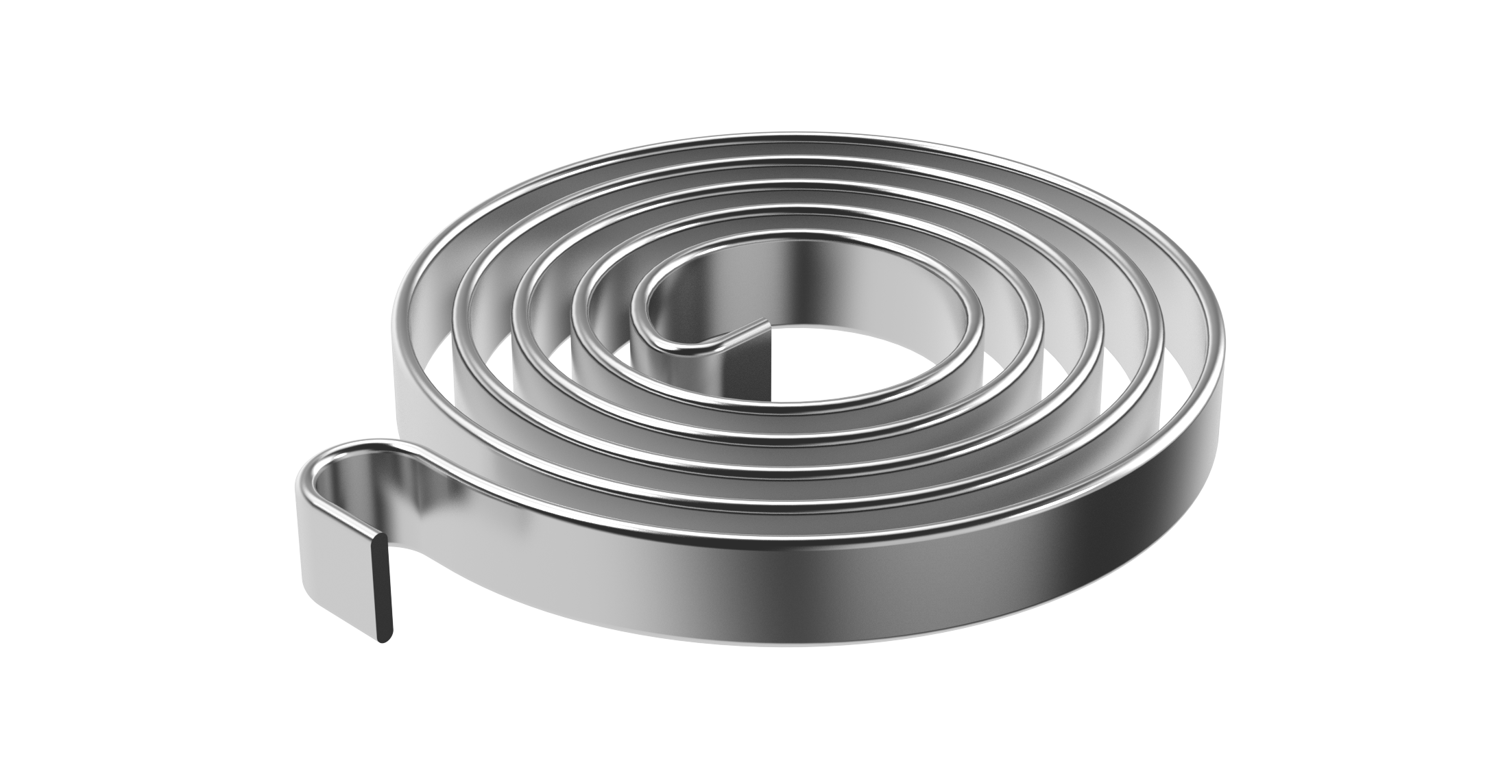A sleek, metallic spiral torsion spring is coiled into a spiral shape against a white background. The modern design creates a sense of precision and elegance.