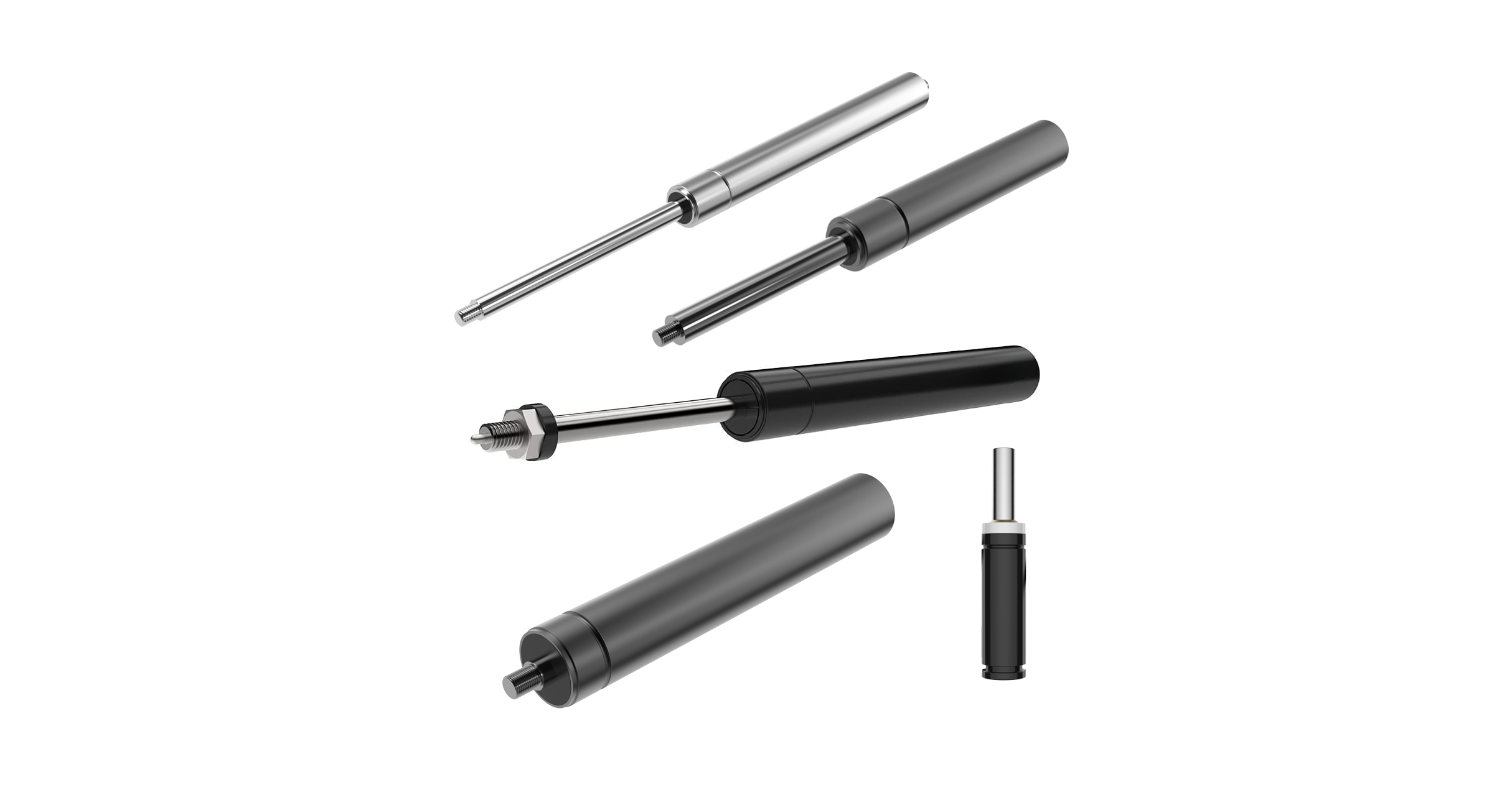 Five gas springs displayed on a transparent background, with varying shapes and sizes: stainless steel gas spring, compression gas spring, traction gas springs, lockable gas spring, NiroSpring.