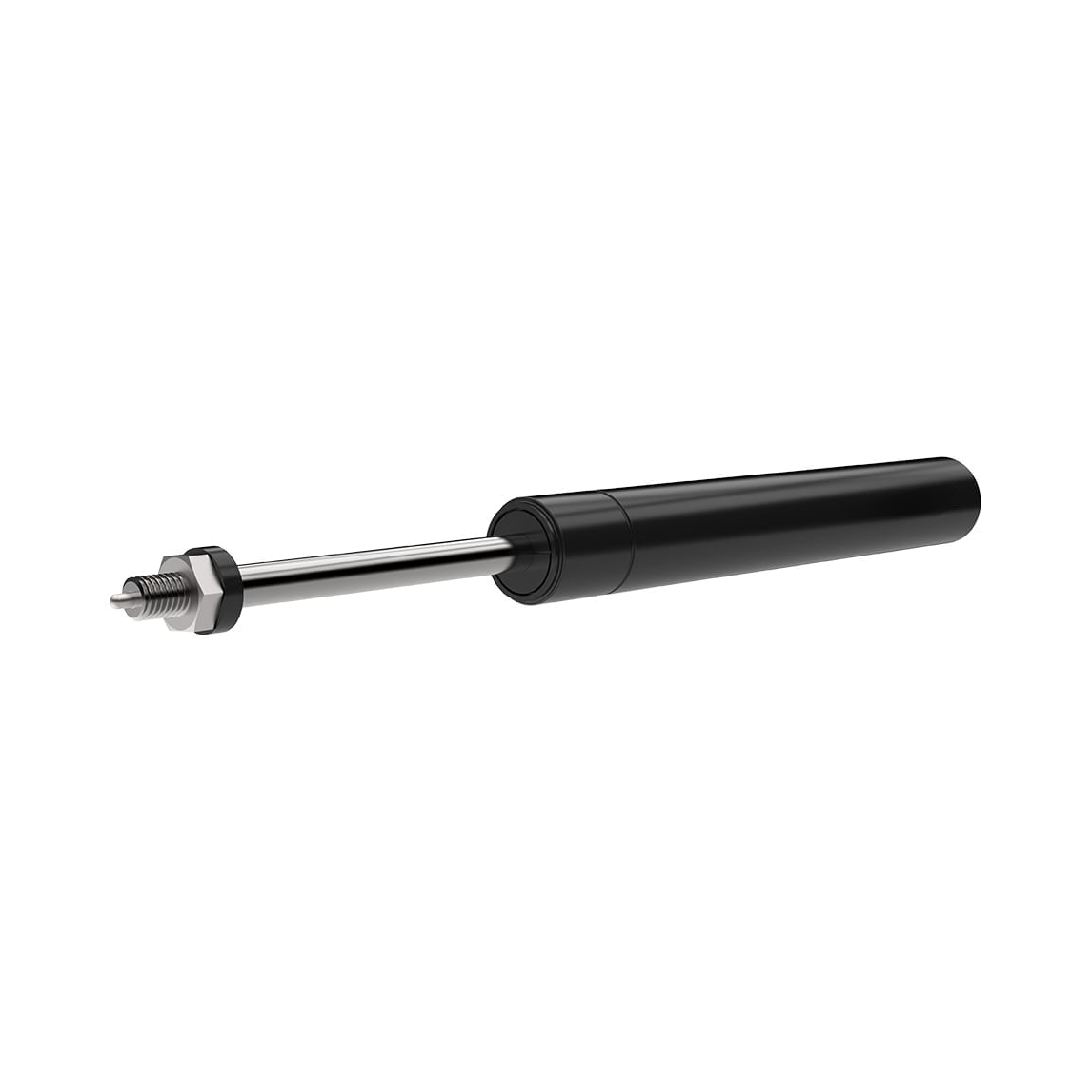 Black and silver lockable gas spring on a white background. The metallic rod and black casing are prominent.