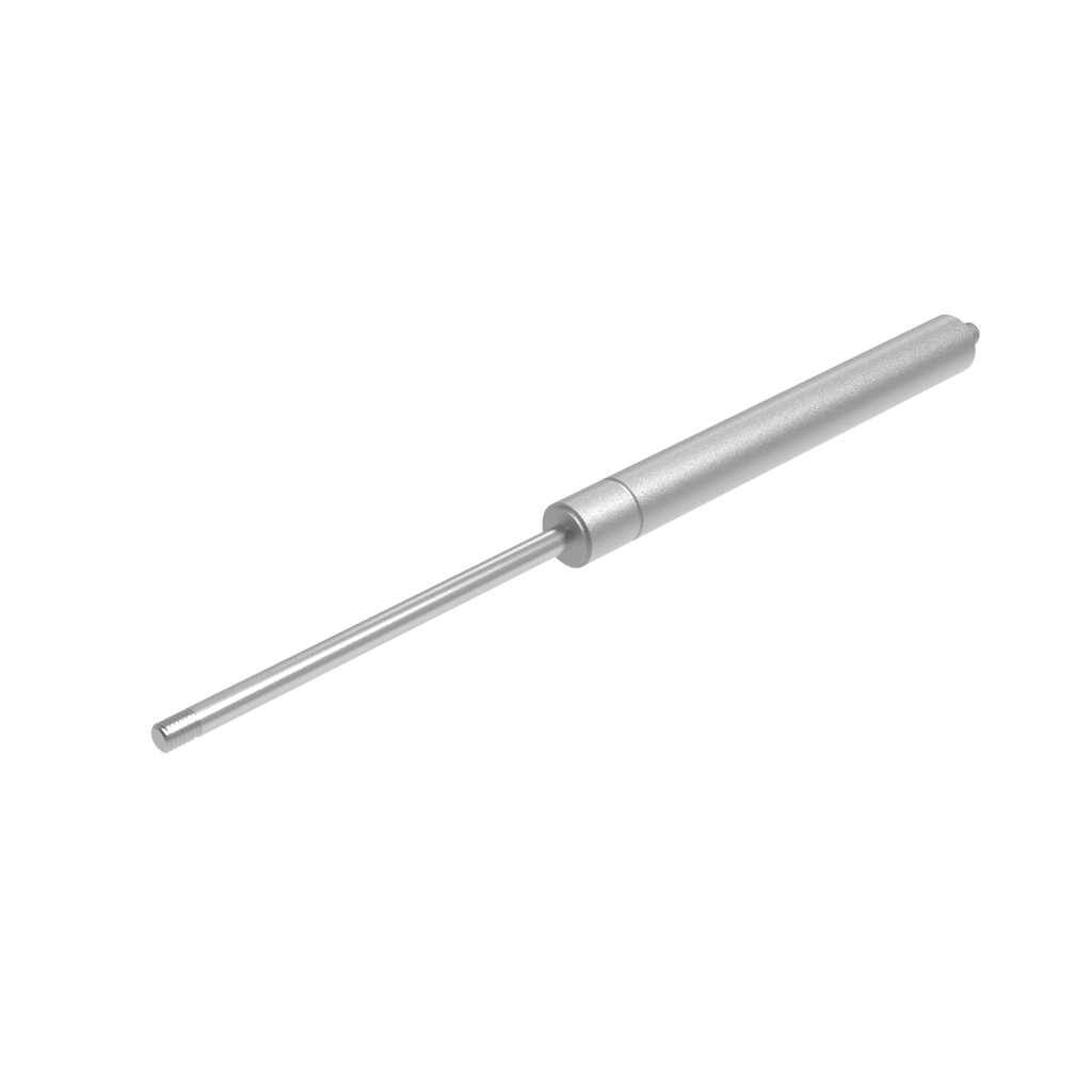 A slim, cylindrical, silver stainless steel gas spring whit a pointed tip on a white background, appearing sleek and precise.