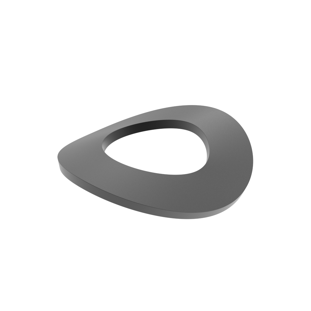 A curved, dark gray disc spring known as a curved washer with hole in the middle on a white background.