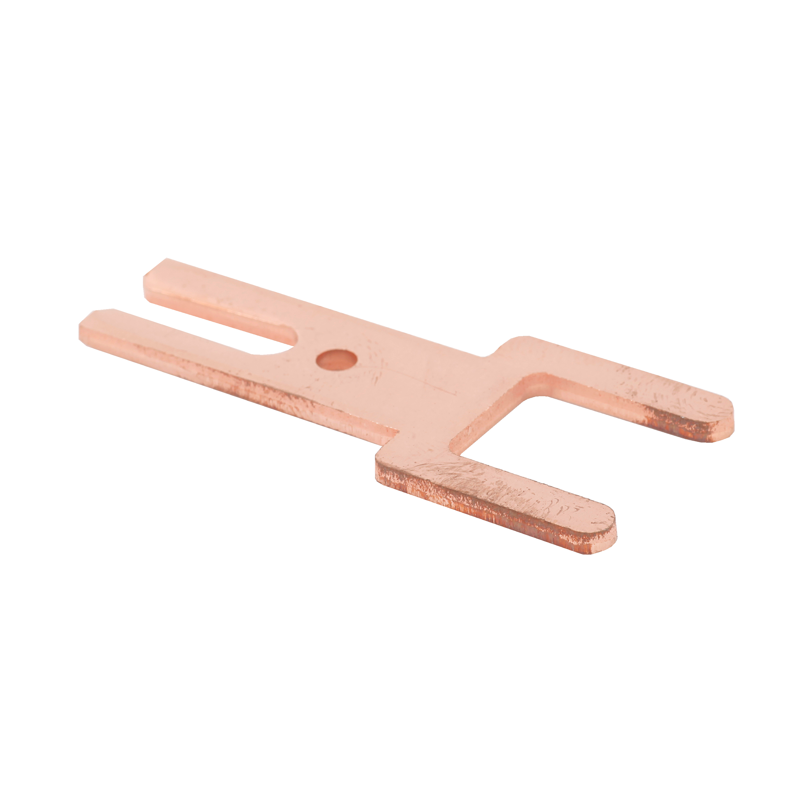 A flat copper stamped metal part with prongs at both ends and a small central hole on a white background.