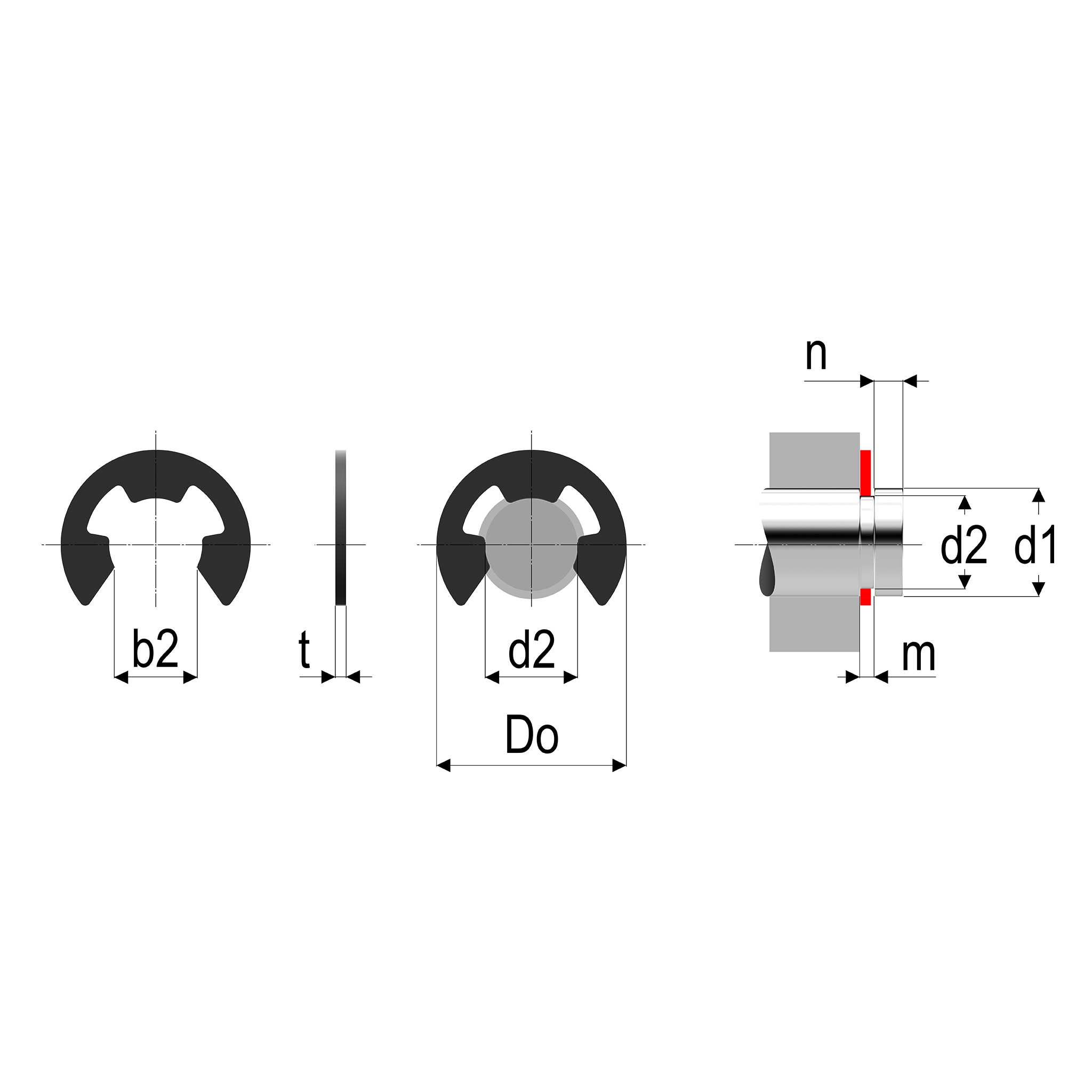 Technical diagram of an E-clip retaining ring with labeled dimensions and mounting illustration.